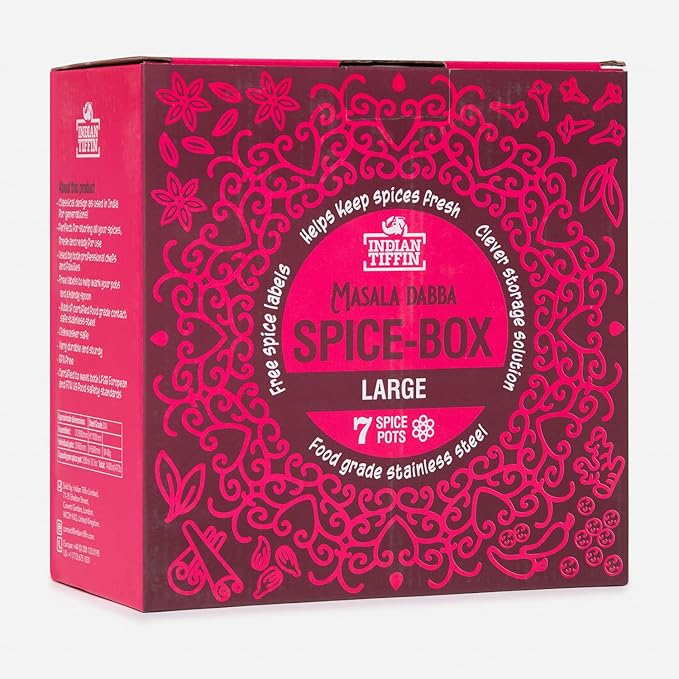 Indian-Tiffin Masala Dabba – Airtight Spice Container – Food Grade Stainless Steel – with Spice Labels & Spoon (Large (20cm), Clear Lid, No Lids on Inner Pots)
