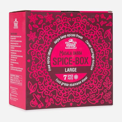 Indian-Tiffin Masala Dabba – Airtight Spice Container – Food Grade Stainless Steel – with Spice Labels & Spoon (Large (20cm), Clear Lid, No Lids on Inner Pots)