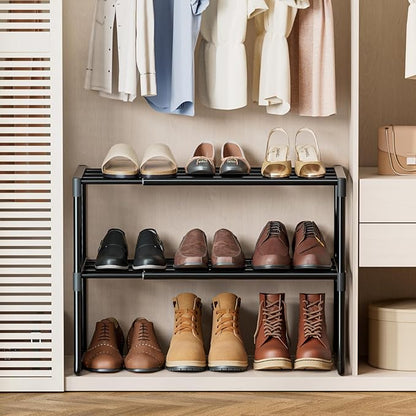 HAIXIN Expandable Shoe Rack - Adjustable Shoe Organizer Storage Shelf for Closet, Upright and Upside Down, Stackable Small Shoe Stand for Entryway, Living Room, Front Door, 3 Tier