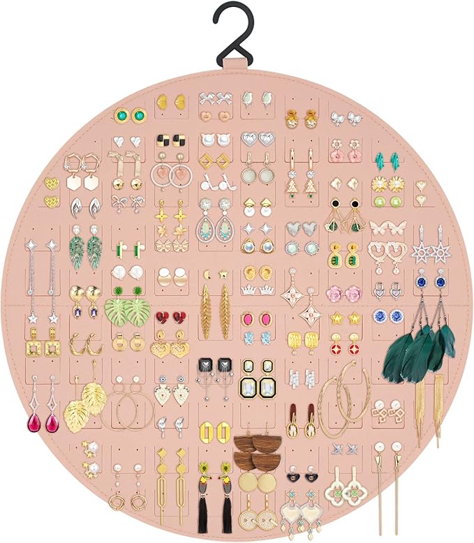Earring Organizer, Hanging Earring Holder Holds Up to 128 Pairs, Stud Earring Organizer Storage, Round Earring Display Earring Holder Organizer for Women Girls-Pink A