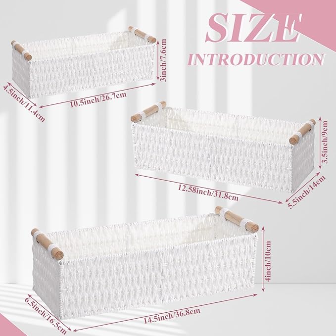Boao 3 Pcs Boho Storage Wicker Baskets Handmade Woven Decorative Paper Rope Baskets for Organizing with Handle Countertop Toilet Paper Storage Container for Toilet Tank Top(White,Rectangle)
