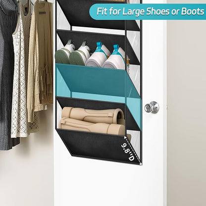 AOODA Clear Over The Door Shoe Organizer Storage Holds 12 Pairs, Narrow Door Hanging Shoe Rack for Closet, Deep Pockets Shoe Holder Hanger for Sneakers, Boots (Black)