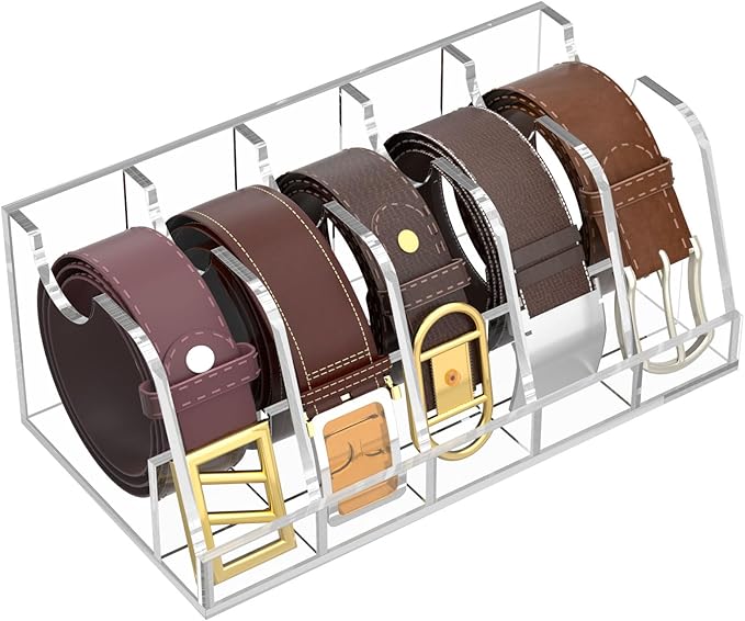 NIUBEE Belt Organizer - Acrylic Belt Storage Holder with 5 Compartments and Display Stand