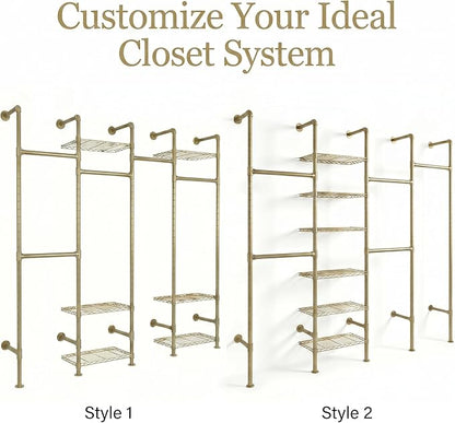 F4 Wall Mounted Closet System, Industrial Pipe Clothing Rack for Hanging Clothes, Heavy Duty Closet Organizer System, Clothes Racks with Shelves & Expandable Rod for Wardrobe, Corner, Gold