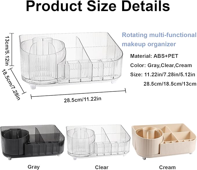 DASITON Large Capacity Makeup Organizer with 360° Rotating Makeup Brush Holder, Multi-Compartment Skincare and Cosmetic Storage for Vanity, Bathroom Countertop, Dresser, Desktop Storage Box (Clear)
