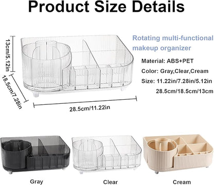 DASITON Large Capacity Makeup Organizer with 360° Rotating Makeup Brush Holder, Multi-Compartment Skincare and Cosmetic Storage for Vanity, Bathroom Countertop, Dresser, Desktop Storage Box (Clear)