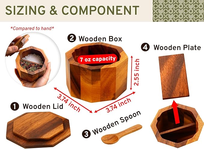 ARANYA Wooden Pepper and Salt Cellar with Lid and Spoon Set Keeper Two Compartments Spice Seasoning Wood 7oz. Container for Countertop Kitchen Storage Sea Salt Box Holder with Anti-Slip Feet Slip