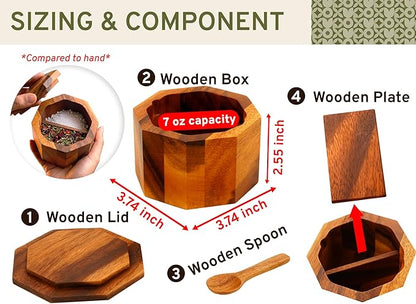 ARANYA Wooden Pepper and Salt Cellar with Lid and Spoon Set Keeper Two Compartments Spice Seasoning Wood 7oz. Container for Countertop Kitchen Storage Sea Salt Box Holder with Anti-Slip Feet Slip