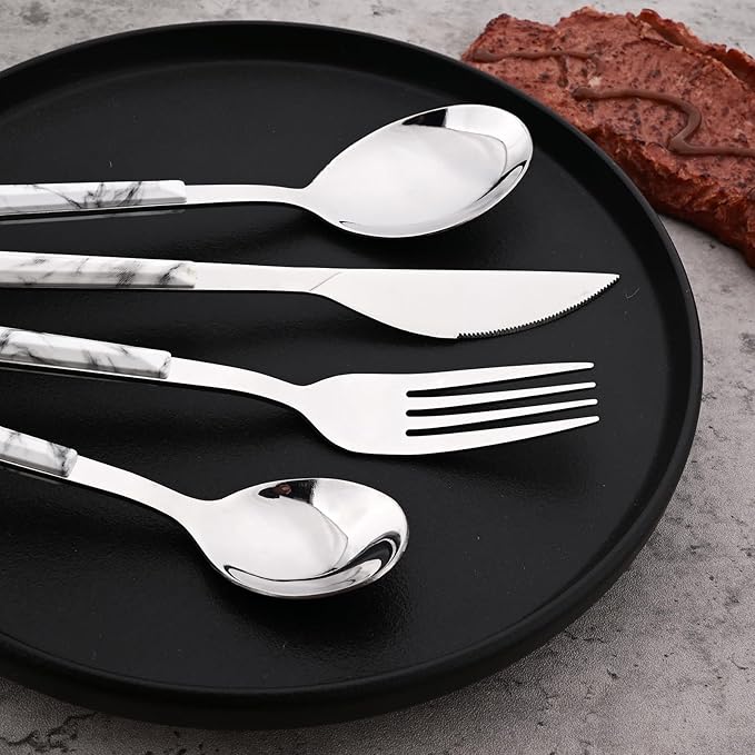 24piece Silverware Set with Hanging Holder, Stainless Steel Tableware Set With Cutlery Storage Rack, Decent Gift Box For Housewarming, Party, Dining - White Silver, set of 6