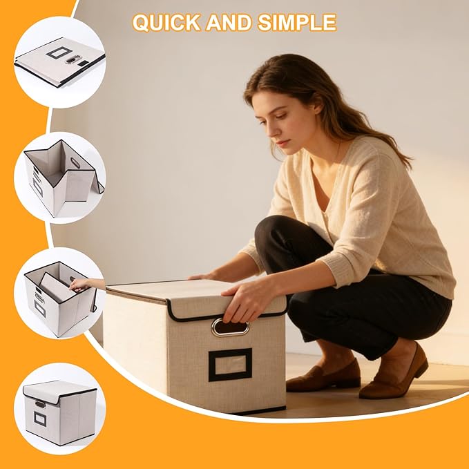Large Square Storage Bin with Lid, Foldable Organizer Box with Handles & Label Design, for Office, Closet, Home, Documents, Grey, 12.20 x 10.63 x 10.63 Inches, 1 Pack