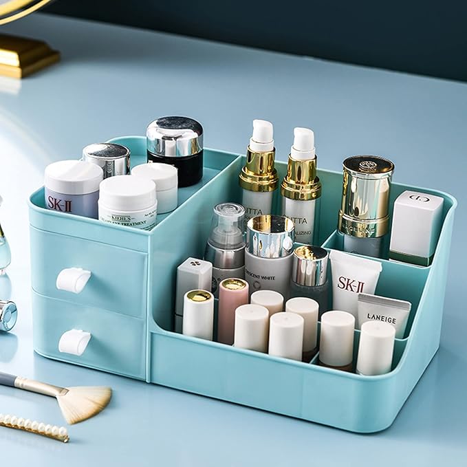 skin care organizer,Makeup Desk Organizer With Drawers,Countertop Organizer for Cosmetics,Vanity brush with Holder for Lipstick, Brushes, Eyeshadow, and Desktop (polar blue)