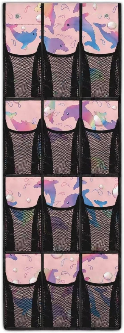 Aesthetic Dolphin Over Door Hanging Organizer, 12 Compartment Breathable Mesh Pocket Storage for Bathroom & Poolside, Waterproof Design for Towels & Swim Gear