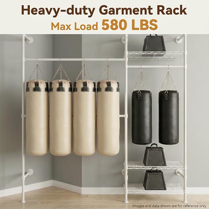 F2 Wall Mounted Closet System, Industrial Pipe Clothing Rack for Hanging Clothes, Heavy Duty Closet Organizer System, Clothes Racks with Shelves & Expandable Rod for Wardrobe, Corner, White