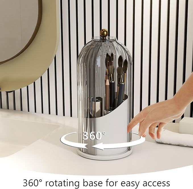 Makeup Brush Holder with Dustproof Cover 360 Rotating Makeup Brush Organizer for Vanity Bathroom, Grey