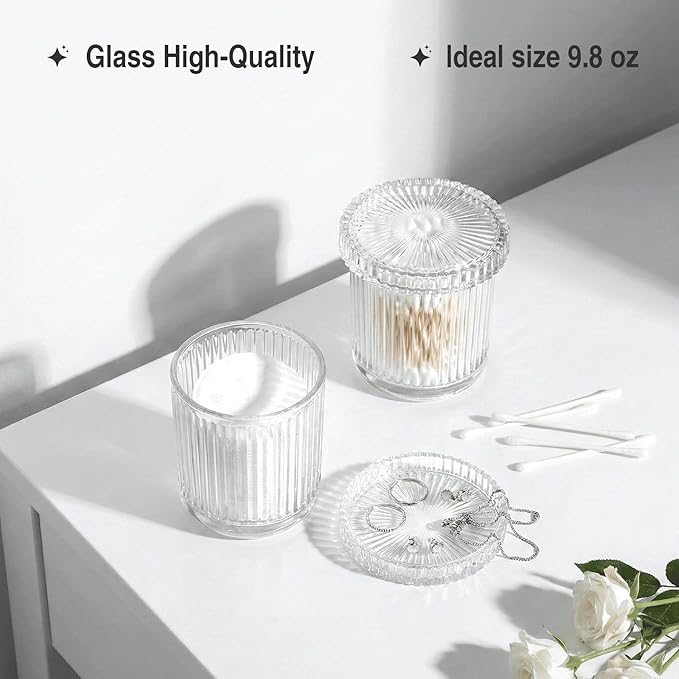 2 Pack Glass Qtip Holder Dispenser - Bathroom Organizers and Storage, Clear Apothecary Jars Set, Bathroom Essentials Accessories Decor, Vanity Makeup Storage Organizer (Clear)