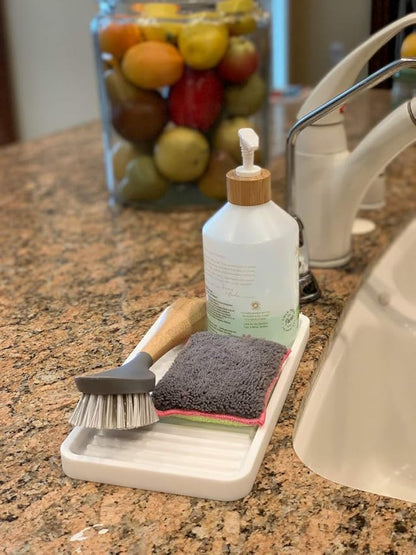 Silicone Kitchen Sink Organizer Tray, Sponge Holder and Countertop Protector | Bathroom and Kitchen Soap Dish and Dispenser Tray (White, 10"x5.25")