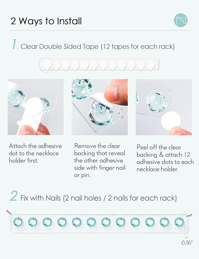 Mymazn Acrylic Necklaces Holder Wall Mounted Necklace Hangers Hanging Jewelry Organizer with 12 Hooks, Clear Jewelry Hangers for Necklace Organizer for Women, Necklace Hooks for Wall, Closet