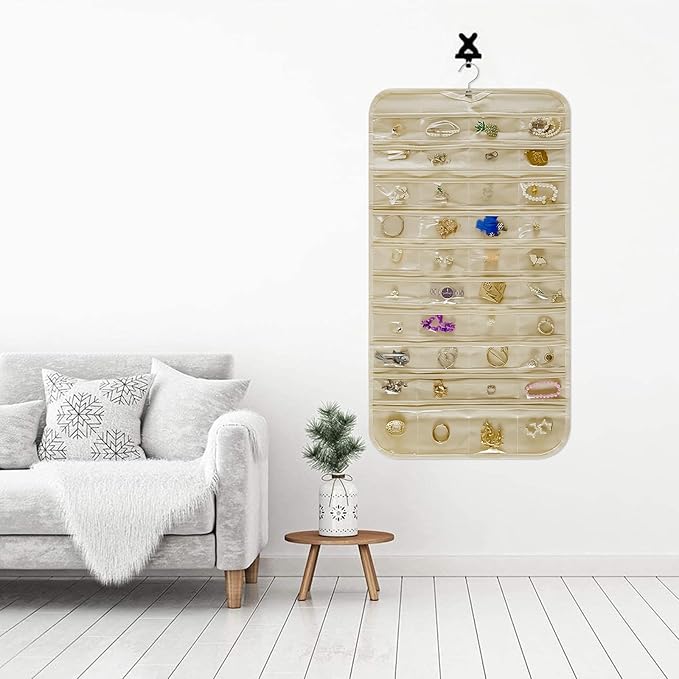Hanging Jewelry Organizer Storage Roll with Hanger Metal Hooks Double-Sided Jewelry Holder for Necklaces, Earrings, Rings on Door, Wall, Closet, 80 Pocket Organizer,Beige