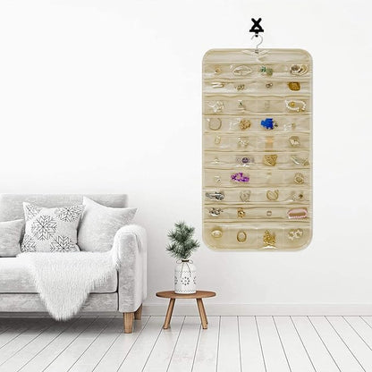 Hanging Jewelry Organizer Storage Roll with Hanger Metal Hooks Double-Sided Jewelry Holder for Necklaces, Earrings, Rings on Door, Wall, Closet, 80 Pocket Organizer,Beige
