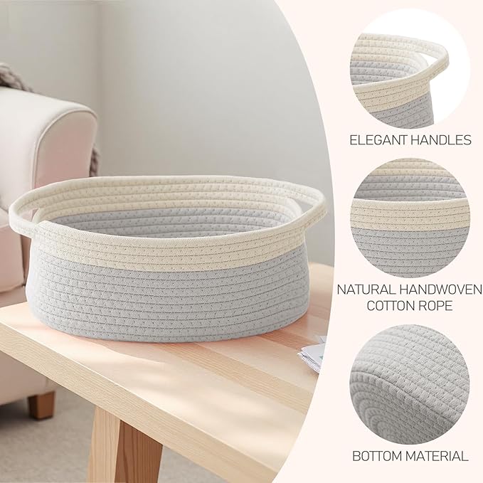 JMvicyroam Woven Basket,Small Rope Storage Bin with Handles & Ribbon Bag, Organizer for Shelves Closets,Gift Basket Empty for Birthday,Books,Dog Toys, White&Grey/2 Pack