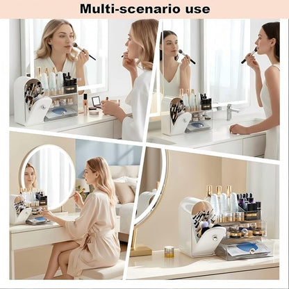 Makeup Organizer for Vanity with Covered Brush Holder，Bathroom Organizers with Drawer，Skin Care Organizer，Makeup Organizers for Vanity with Drawer，Large Makeup Storage for Dresser, White