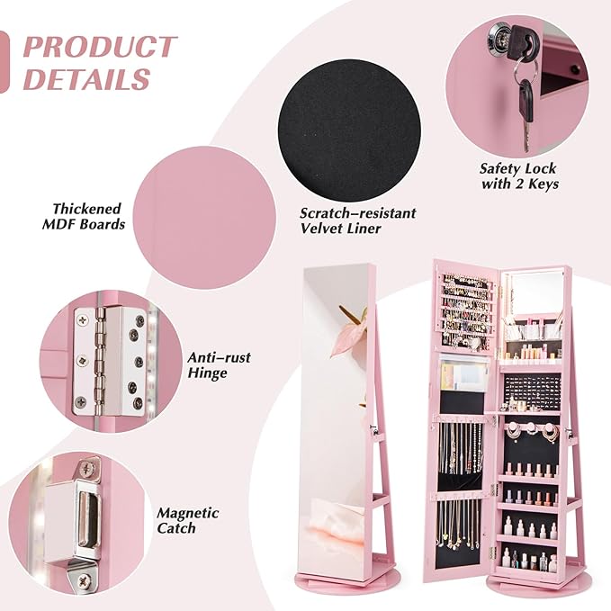 Multigot 3-Color LED Lights Jewellery Cabinet, 3-in-1 360° Swivel Jewelry Armoire with Full-Length Mirror, Lockable Cosmetic Storage Organizer for Dressing Room Living Room Bedroom (Pink)