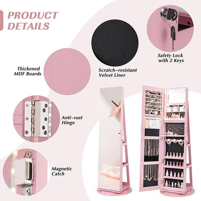Multigot 3-Color LED Lights Jewellery Cabinet, 3-in-1 360° Swivel Jewelry Armoire with Full-Length Mirror, Lockable Cosmetic Storage Organizer for Dressing Room Living Room Bedroom (Pink)