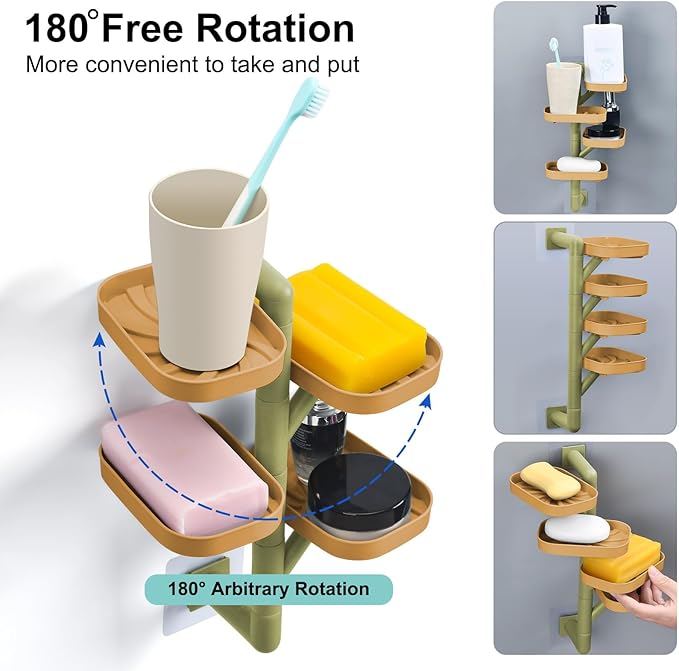Soap Holder Four Layer Wall Mounted NO-Drilling Rotatable Self-draining Removable Soap Dish for Shower Bathroom Tray,Self Draining Sponge Holder,Razor Holder (Yellow/Green)