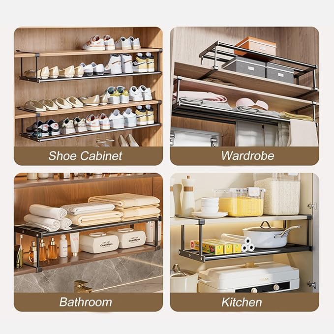 Hanging Shoe Organizer for Closet, Expandable Rack Organizer Under Cabinet Shelf - for Kitchen, Book or Clothing Storage and Organization. (Black-1Pcs)