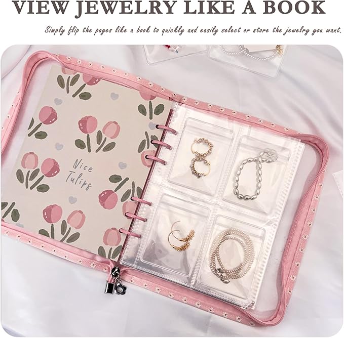 Jewelry Organizer Travel,Jewelry Storage Book with 80 Small PVC pouches,Portable Jewelry Organizer Zipper Bags for Necklaces Bracelet Rings and Earrings (front cover removable),Pink