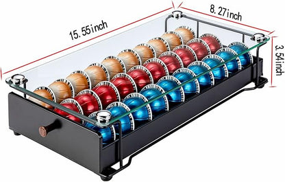 Coffee Pod Drawer Organizer for Nespresso Vertuo, 30 Pods Coffee Pod Holder, Coffee Pods Organizer with Mesh Shelves Black Glass