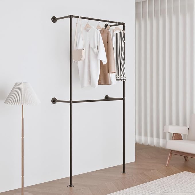 Black Industrial Pipe Clothing Rack 37.4" W Wall Mounted, Heavy Duty Iron Garment Rack 150 lbs per Rod, Open Closet Organizer for Bedroom Laundry Room Retail Display