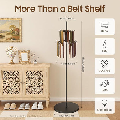 66 Inch Belt Display Shelf, Tie Rack Floor Standing, Karate Belt Display Rack with 31 Hooks, Belt Rack for Scarf or Purse, Wall Mounted Trouser Rack for Home (Black)