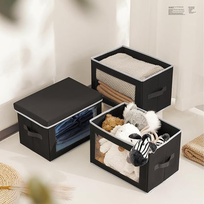Homsorout Storage Boxes with Lids, Collapsible Storage Bins with Handles, Closet Storage Baskets with Window, Fabric Storage Containers for Organizing Clothes, Towels, Books, 3 Packs, Black