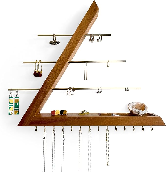 Jewelry Organizer Wall Mounted, Hardwood Hanging Jewelry Holder, Open Triangle Jewelry Display Shelf for Necklaces, Earrings, Rings and Bracelets, Gift for her, Patented (Acacia)