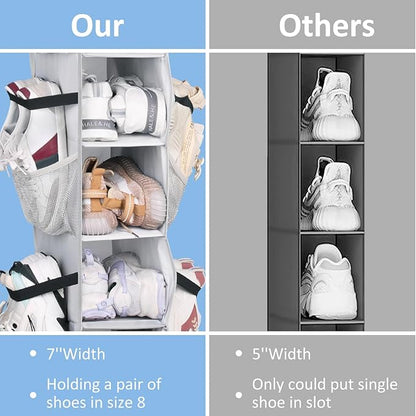 SLEEPING LAMB 8 Shelves Hanging Shoe Rack Hanger, Narrow Hanging Shoe Organizer for Closet Storage Clothes, Gloves, Bags, with 8 Large Mesh Pockets to Hold 16 Pairs Shoes in Dorm, Grey