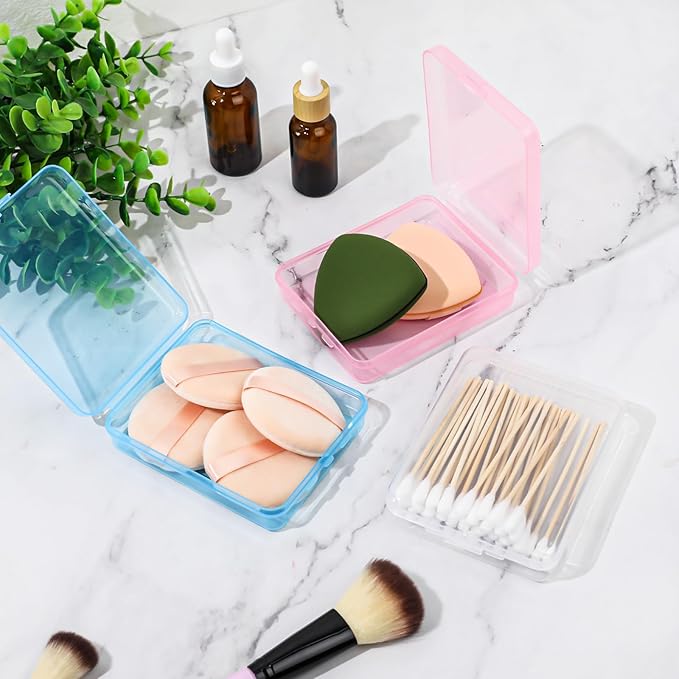 3-Piece Portable Travel Pad Holder - Bathroom Countertop Storage Organizer - Cotton Pad, Swab, Floss Dispenser (Blue, Pink, Transparent)