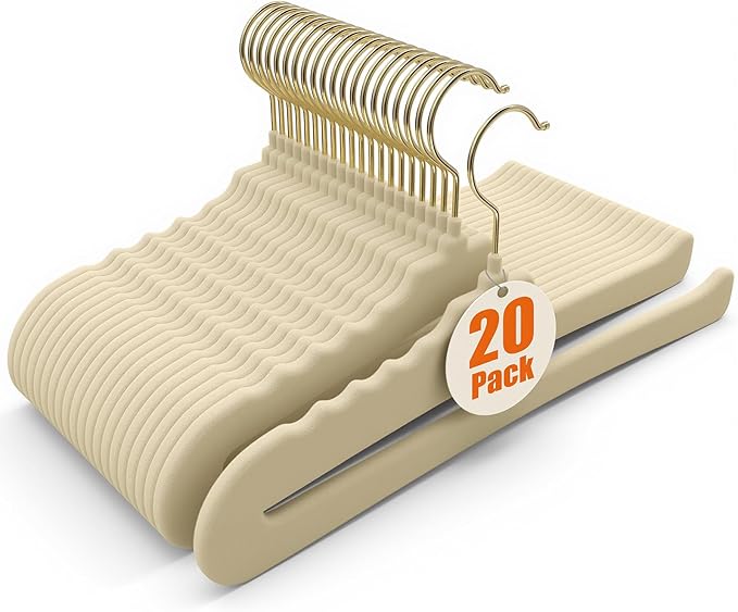 Flottian 20 Pack Velvet Pants Hangers - Open Ended Non-Slip Heavy Duty Closet Organizers with 360° Swivel Hook, Space-Saving Felt Hangers for Pants, Jeans, Dresses & Towels, Beige