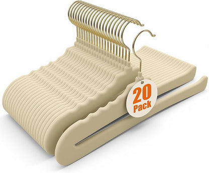 Flottian 20 Pack Velvet Pants Hangers - Open Ended Non-Slip Heavy Duty Closet Organizers with 360° Swivel Hook, Space-Saving Felt Hangers for Pants, Jeans, Dresses & Towels, Beige