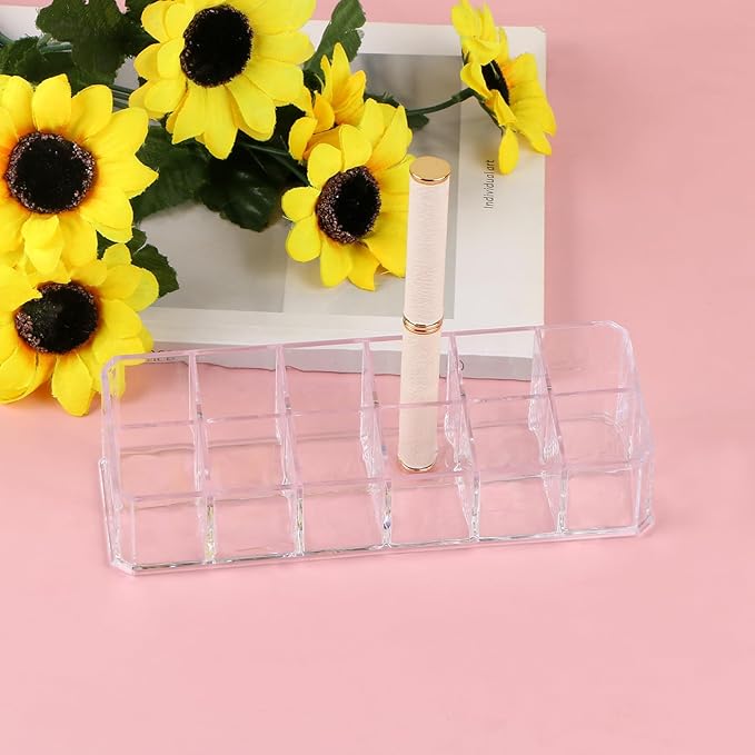 12-Slot Acrylic Lipstick Organizer Case, Transparent Clear Cosmetic Makeup Organizer Display Rack Holder for Lipstick Brushes Bottles Storage, 1 Pack