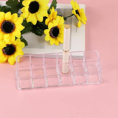 12-Slot Acrylic Lipstick Organizer Case, Transparent Clear Cosmetic Makeup Organizer Display Rack Holder for Lipstick Brushes Bottles Storage, 1 Pack