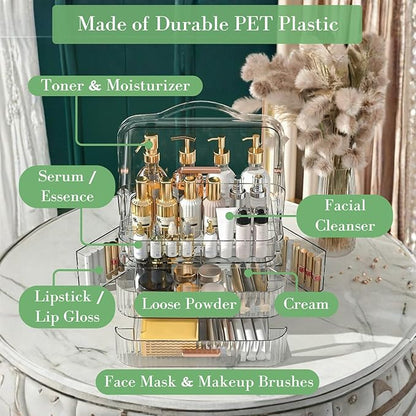 LINFIDITE Cosmetics Storage Box Transparent Lid Large Makeup Organizer Box Drawers Portable Handle Waterproof Dustproof Skincare Display Cases for Countertop, Bathroom, Dresser, PET,Clear Green