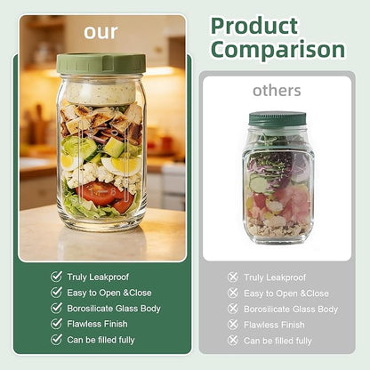 6 Pack Glass Salad Jars with Dressing Cups for Meal Prep, 32oz Leakproof Mason Jars Container with 2 Built-in Compartments for Wet/Dry Separation, Portable Salad Pod for Lunch (6)