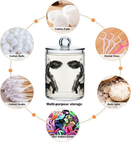 Watercolor Cow Qtip Holder 4 Pack - 10 Oz Clear Plastic Apothecary Jar Set for Bathroom Organization - Versatile Canister Storage for Cotton Balls, Swabs, Rounds