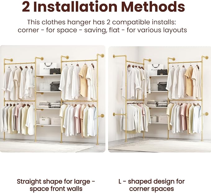 Industrial Pipe Clothing Rack, Heavy Duty Adjustable Garment Hanger with Shelves, 2 Installation Methods Closet Storage System for Wardrobe Organization (Gold, 80" H x 86" W)