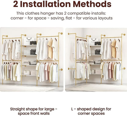 Industrial Pipe Clothing Rack, Heavy Duty Adjustable Garment Hanger with Shelves, 2 Installation Methods Closet Storage System for Wardrobe Organization (Gold, 80" H x 86" W)
