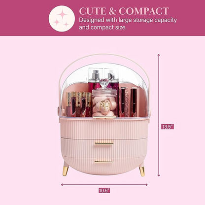 Paris Hilton Makeup Storage Organizer with Lid, Cosmetics and Skincare Organizer for Vanity, Portable Makeup Storage Box for Countertop, Fluted Design with Gold Accents, Pink