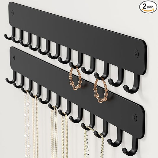 bussdis Drill-In Necklace Organizer: Sturdy Necklace Holder Wall Mounted with Hooks for Tangle-Free Jewelry Storage – Space-Saving Wall Necklace Hanger, Black, 2 PCS