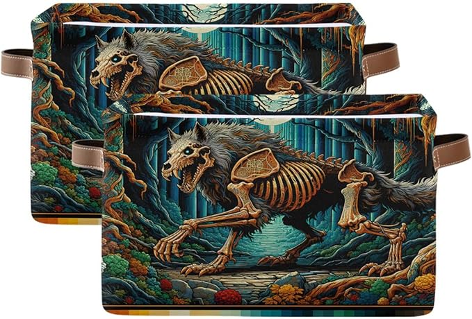 Large Storage Basket Skeletal Wolf Storage Bin Cube Canvas Fabric Organizer Handles Collapsible for Clothes Toys Bedroom Decorative