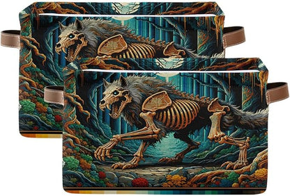 Large Storage Basket Skeletal Wolf Storage Bin Cube Canvas Fabric Organizer Handles Collapsible for Clothes Toys Bedroom Decorative